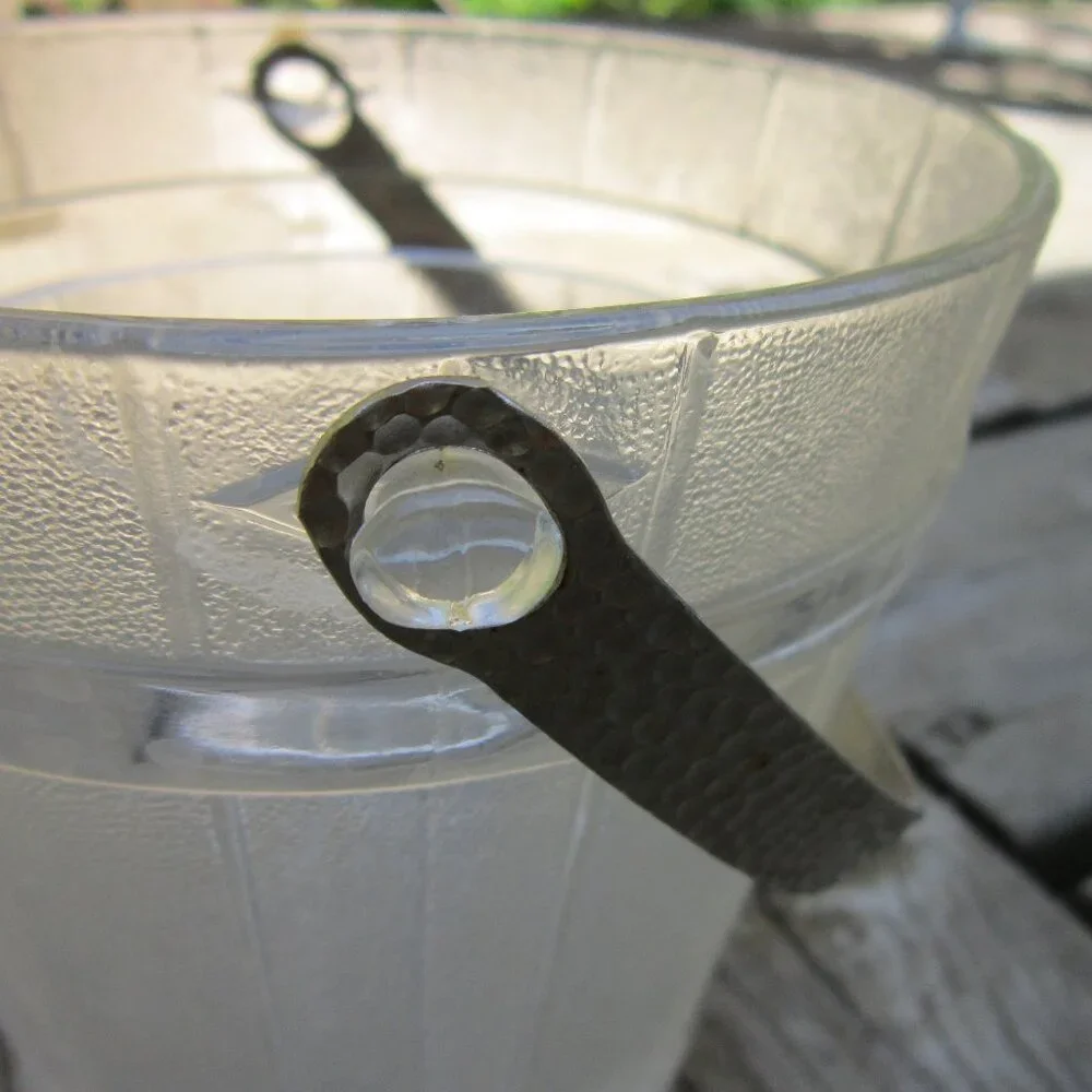 1950s Vintage Glass Ice Bucket -MCM Glass Barware w/Hammered Aluminum Handle
